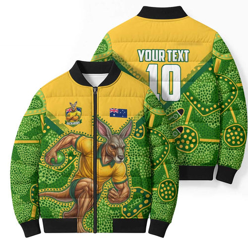 Personalized Australian Jackaroo Lawn Bowls Bomber Puffer Jacket Kangaroo Athlete Indigenous Pattern Green Yellow Sports Mascot