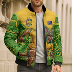 Personalized Australian Jackaroo Lawn Bowls Bomber Puffer Jacket Kangaroo Athlete Indigenous Pattern Green Yellow Sports Mascot