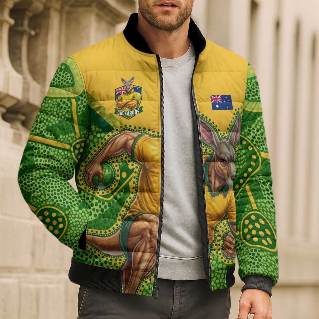 Personalized Australian Jackaroo Lawn Bowls Bomber Puffer Jacket Kangaroo Athlete Indigenous Pattern Green Yellow Sports Mascot