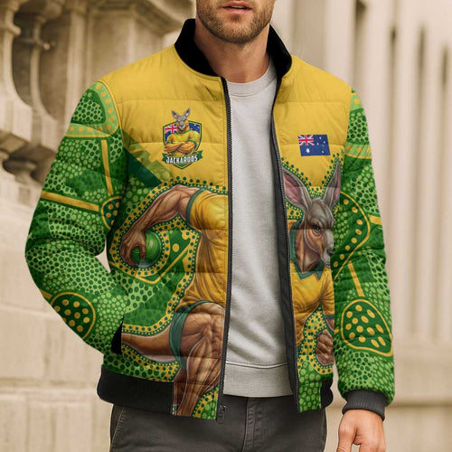 Personalized Australian Jackaroo Lawn Bowls Bomber Puffer Jacket Kangaroo Athlete Indigenous Pattern Green Yellow Sports Mascot