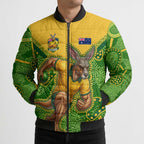 Personalized Australian Jackaroo Lawn Bowls Bomber Puffer Jacket Kangaroo Athlete Indigenous Pattern Green Yellow Sports Mascot