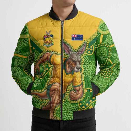 Personalized Australian Jackaroo Lawn Bowls Bomber Puffer Jacket Kangaroo Athlete Indigenous Pattern Green Yellow Sports Mascot
