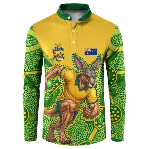 Personalized Australian Jackaroo Lawn Bowls Button Sweatshirt Kangaroo Athlete Indigenous Pattern Green Yellow Sports Mascot