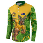 Personalized Australian Jackaroo Lawn Bowls Button Sweatshirt Kangaroo Athlete Indigenous Pattern Green Yellow Sports Mascot