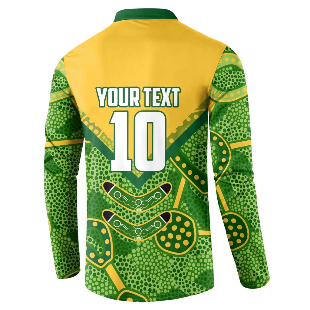 Personalized Australian Jackaroo Lawn Bowls Button Sweatshirt Kangaroo Athlete Indigenous Pattern Green Yellow Sports Mascot