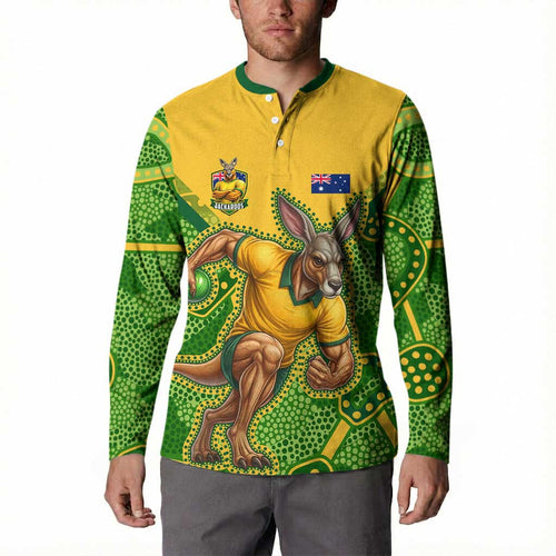 Personalized Australian Jackaroo Lawn Bowls Button Sweatshirt Kangaroo Athlete Indigenous Pattern Green Yellow Sports Mascot