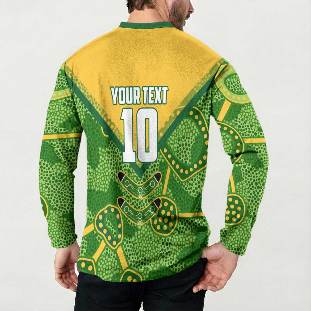 Personalized Australian Jackaroo Lawn Bowls Button Sweatshirt Kangaroo Athlete Indigenous Pattern Green Yellow Sports Mascot