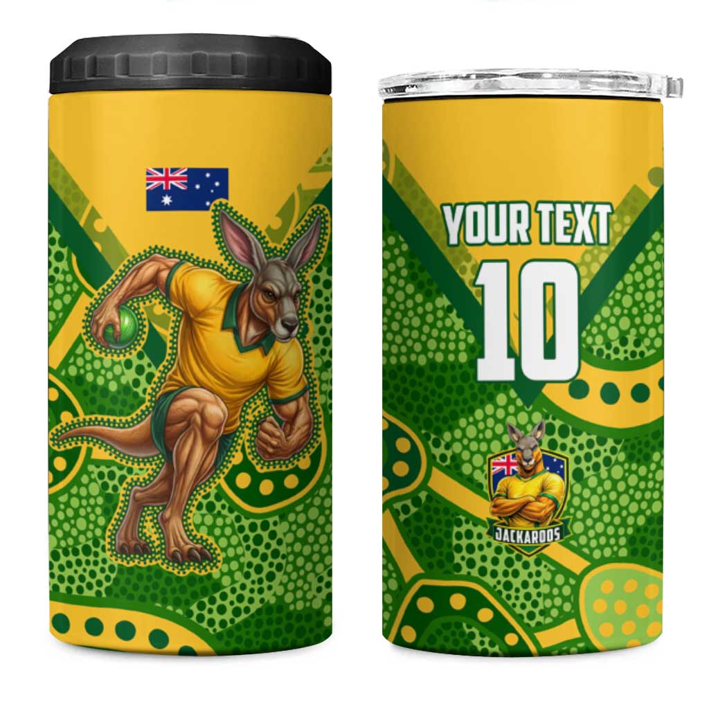 Personalized Australian Jackaroo Lawn Bowls 4 in 1 Can Cooler Tumbler Kangaroo Athlete Indigenous Pattern Green Yellow Sports Mascot