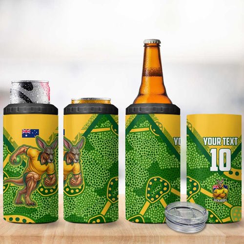 Personalized Australian Jackaroo Lawn Bowls 4 in 1 Can Cooler Tumbler Kangaroo Athlete Indigenous Pattern Green Yellow Sports Mascot