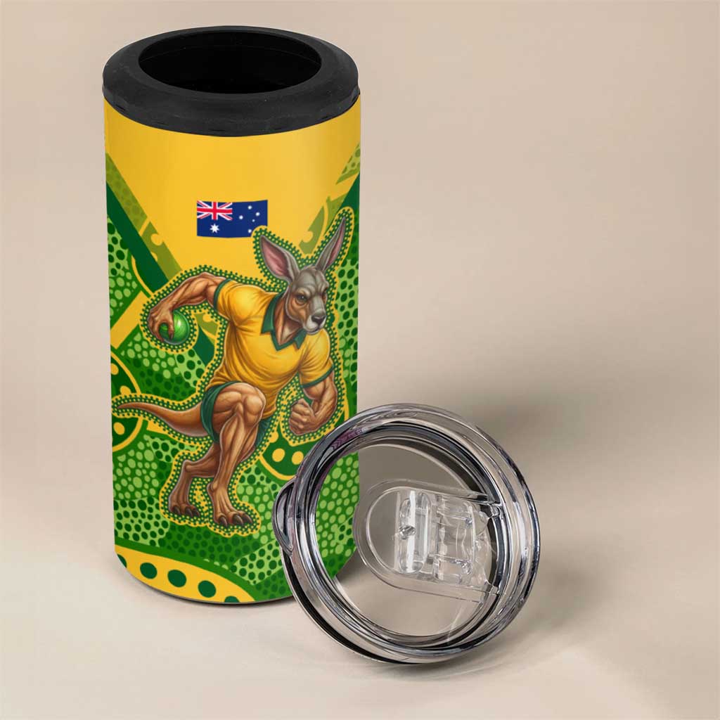 Personalized Australian Jackaroo Lawn Bowls 4 in 1 Can Cooler Tumbler Kangaroo Athlete Indigenous Pattern Green Yellow Sports Mascot