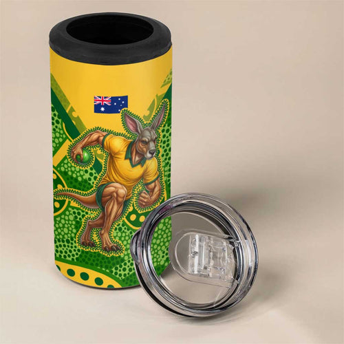 Personalized Australian Jackaroo Lawn Bowls 4 in 1 Can Cooler Tumbler Kangaroo Athlete Indigenous Pattern Green Yellow Sports Mascot