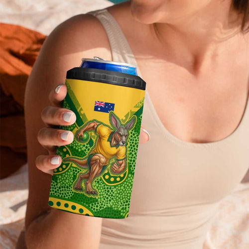 Personalized Australian Jackaroo Lawn Bowls 4 in 1 Can Cooler Tumbler Kangaroo Athlete Indigenous Pattern Green Yellow Sports Mascot