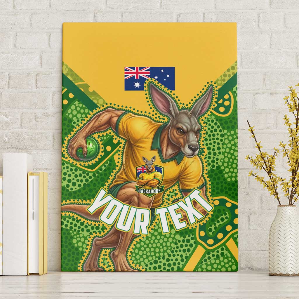 Personalized Australian Jackaroo Lawn Bowls Canvas Wall Art Kangaroo Athlete Indigenous Pattern Green Yellow Sports Mascot