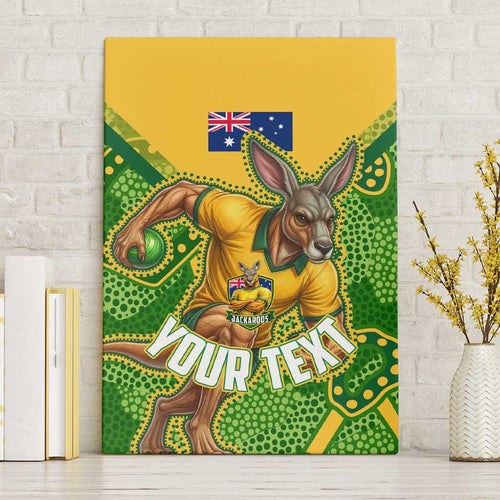 Personalized Australian Jackaroo Lawn Bowls Canvas Wall Art Kangaroo Athlete Indigenous Pattern Green Yellow Sports Mascot