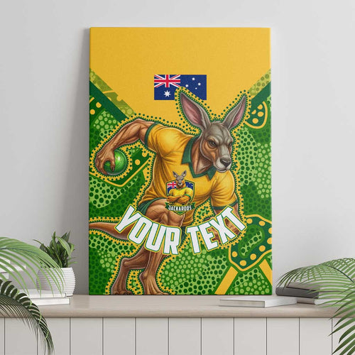Personalized Australian Jackaroo Lawn Bowls Canvas Wall Art Kangaroo Athlete Indigenous Pattern Green Yellow Sports Mascot