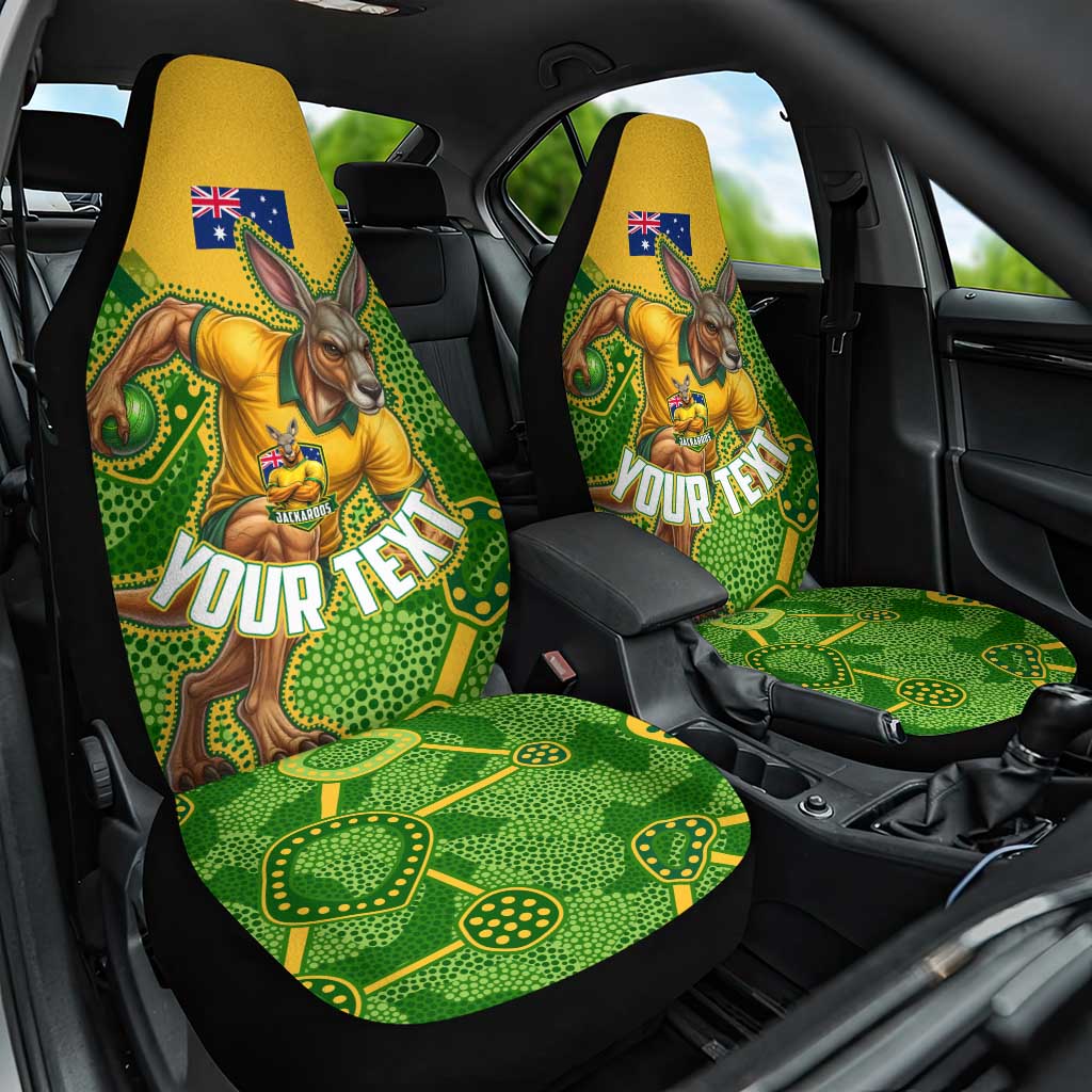Personalized Australian Jackaroo Lawn Bowls Car Seat Cover Kangaroo Athlete Indigenous Pattern Green Yellow Sports Mascot