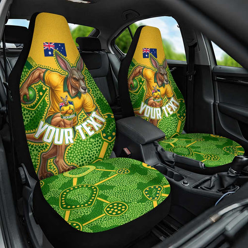 Personalized Australian Jackaroo Lawn Bowls Car Seat Cover Kangaroo Athlete Indigenous Pattern Green Yellow Sports Mascot