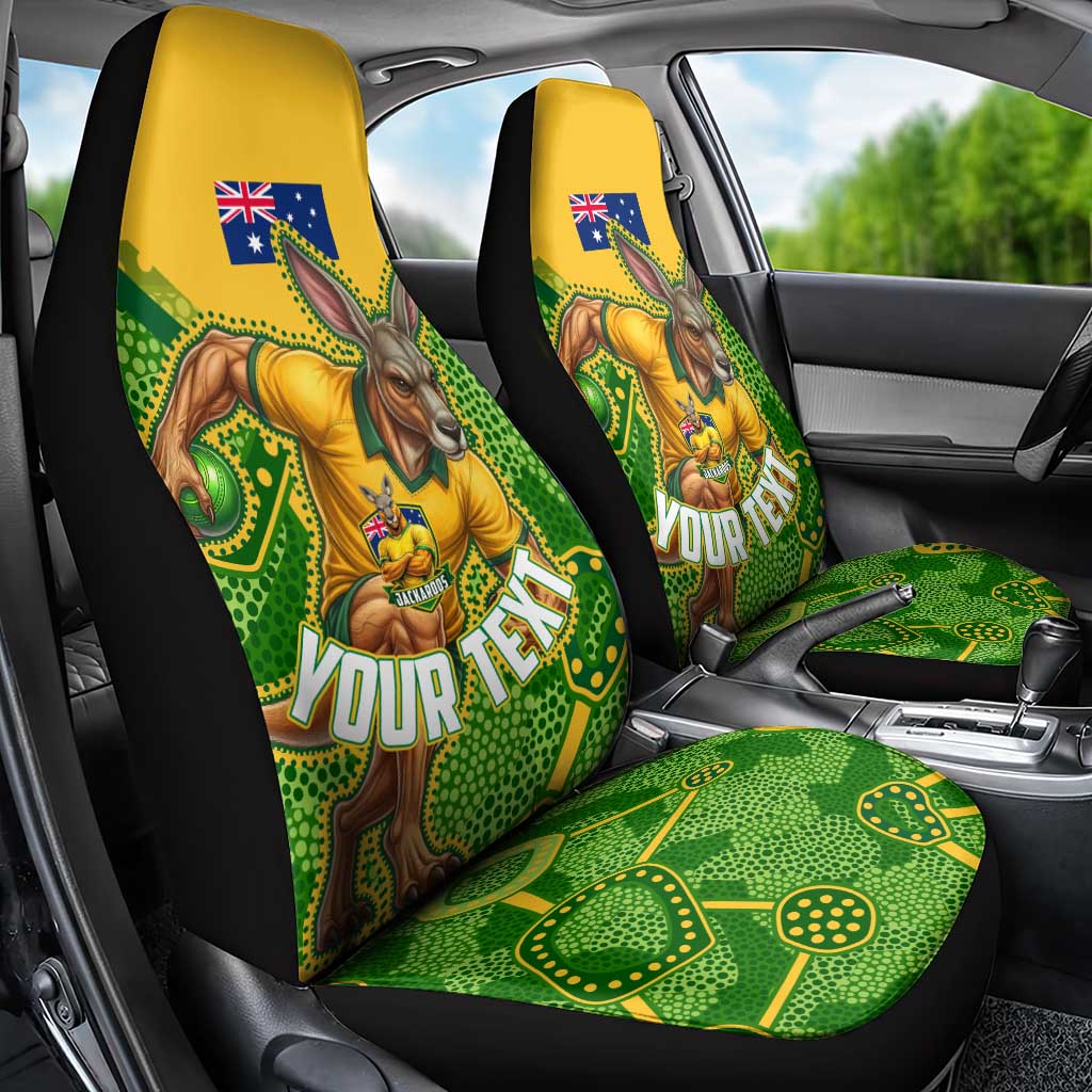 Personalized Australian Jackaroo Lawn Bowls Car Seat Cover Kangaroo Athlete Indigenous Pattern Green Yellow Sports Mascot