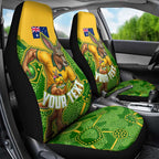 Personalized Australian Jackaroo Lawn Bowls Car Seat Cover Kangaroo Athlete Indigenous Pattern Green Yellow Sports Mascot