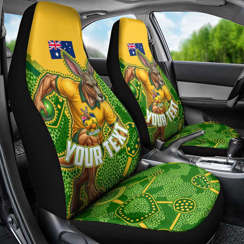 Personalized Australian Jackaroo Lawn Bowls Car Seat Cover Kangaroo Athlete Indigenous Pattern Green Yellow Sports Mascot