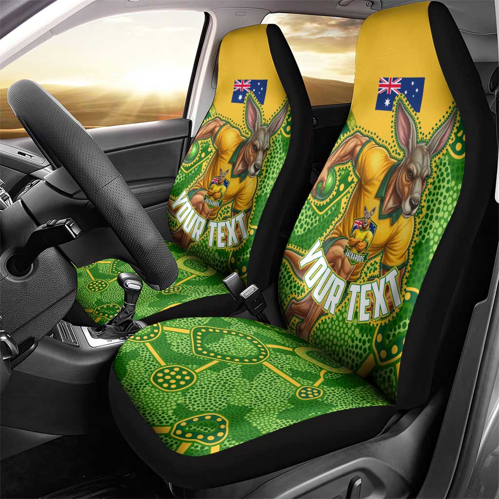 Personalized Australian Jackaroo Lawn Bowls Car Seat Cover Kangaroo Athlete Indigenous Pattern Green Yellow Sports Mascot
