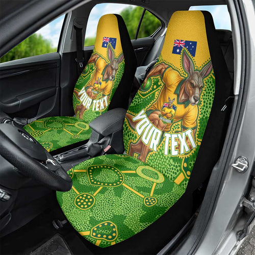 Personalized Australian Jackaroo Lawn Bowls Car Seat Cover Kangaroo Athlete Indigenous Pattern Green Yellow Sports Mascot