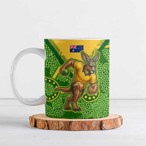 Personalized Australian Jackaroo Lawn Bowls Ceramic Mug Kangaroo Athlete Indigenous Pattern Green Yellow Sports Mascot