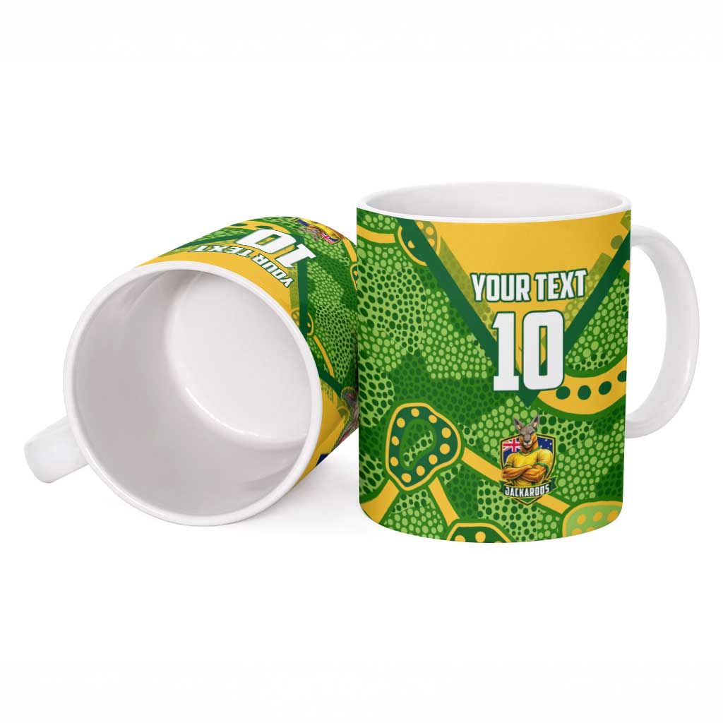 Personalized Australian Jackaroo Lawn Bowls Ceramic Mug Kangaroo Athlete Indigenous Pattern Green Yellow Sports Mascot