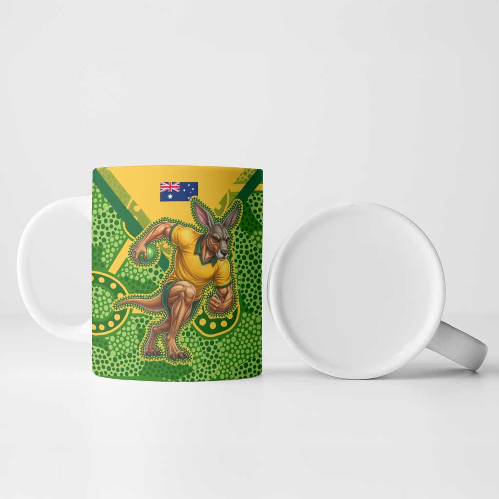 Personalized Australian Jackaroo Lawn Bowls Ceramic Mug Kangaroo Athlete Indigenous Pattern Green Yellow Sports Mascot