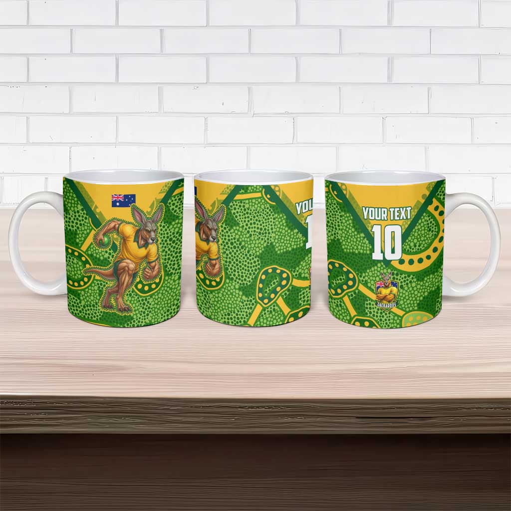 Personalized Australian Jackaroo Lawn Bowls Ceramic Mug Kangaroo Athlete Indigenous Pattern Green Yellow Sports Mascot