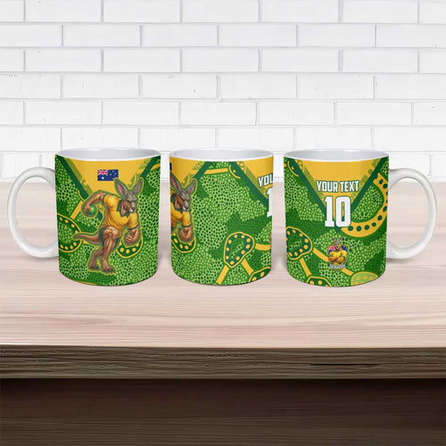 Personalized Australian Jackaroo Lawn Bowls Ceramic Mug Kangaroo Athlete Indigenous Pattern Green Yellow Sports Mascot