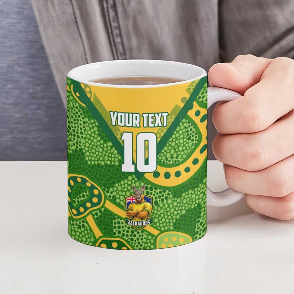 Personalized Australian Jackaroo Lawn Bowls Ceramic Mug Kangaroo Athlete Indigenous Pattern Green Yellow Sports Mascot