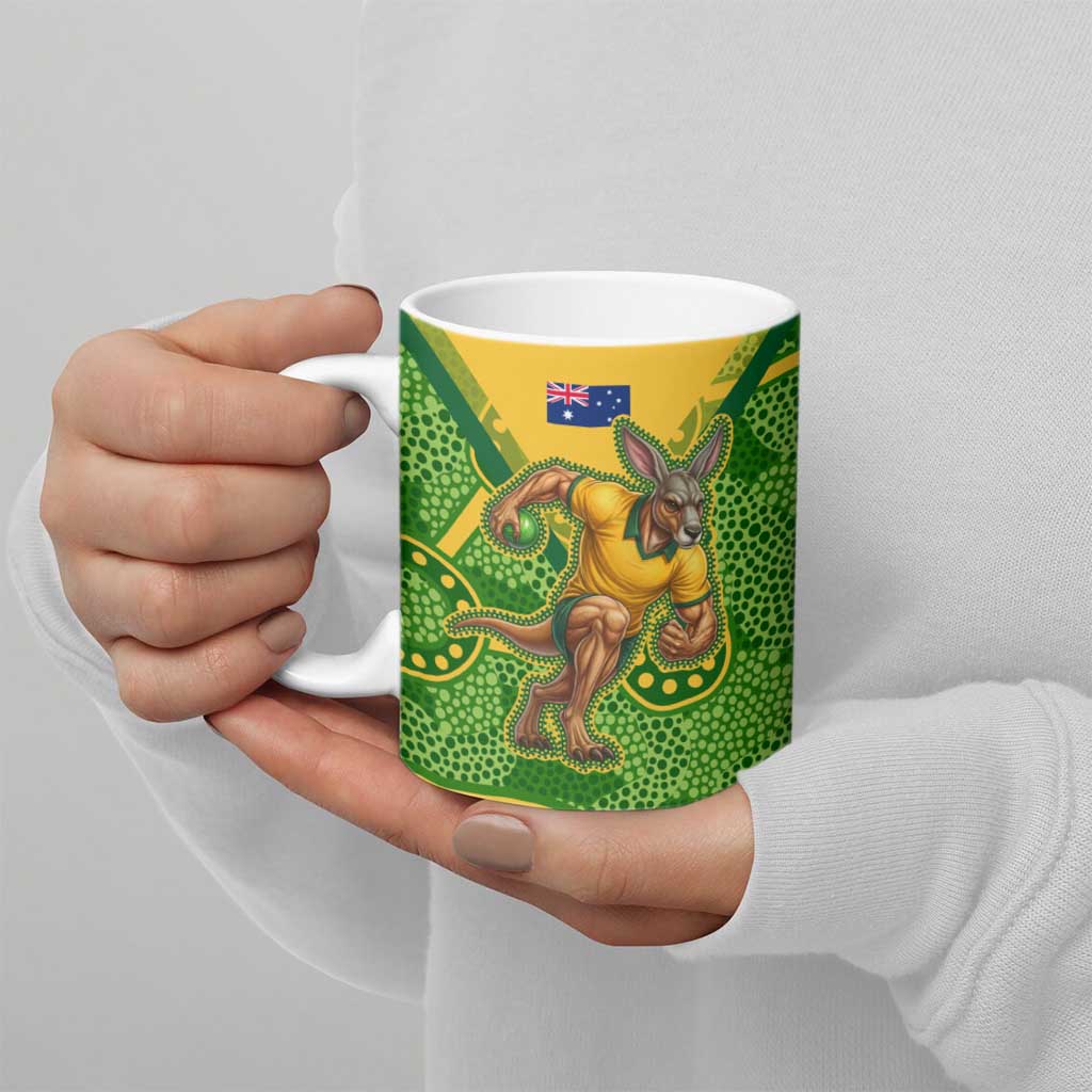 Personalized Australian Jackaroo Lawn Bowls Ceramic Mug Kangaroo Athlete Indigenous Pattern Green Yellow Sports Mascot