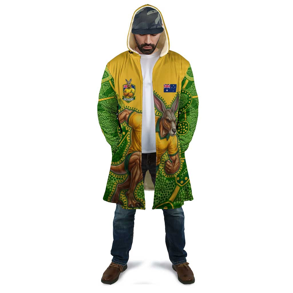 Personalized Australian Jackaroo Lawn Bowls Cloak Kangaroo Athlete Indigenous Pattern Green Yellow Sports Mascot