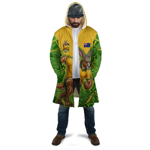 Personalized Australian Jackaroo Lawn Bowls Cloak Kangaroo Athlete Indigenous Pattern Green Yellow Sports Mascot