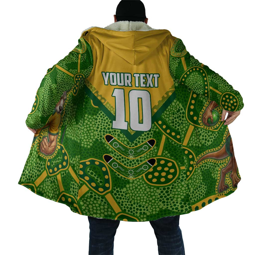Personalized Australian Jackaroo Lawn Bowls Cloak Kangaroo Athlete Indigenous Pattern Green Yellow Sports Mascot