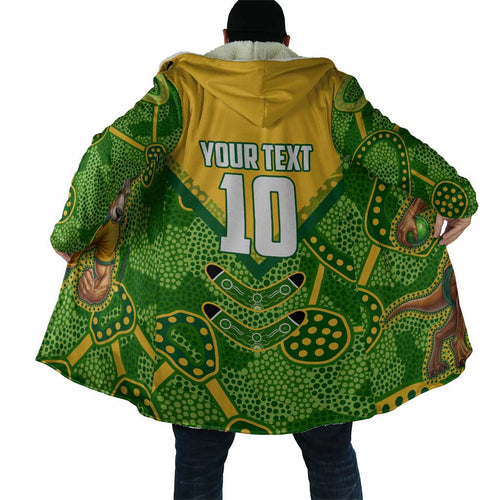 Personalized Australian Jackaroo Lawn Bowls Cloak Kangaroo Athlete Indigenous Pattern Green Yellow Sports Mascot