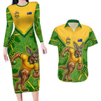 Personalized Australian Jackaroo Lawn Bowls Couples Matching Long Sleeve Bodycon Dress and Hawaiian Shirt Kangaroo Athlete Indigenous Pattern Green Yellow Sports Mascot