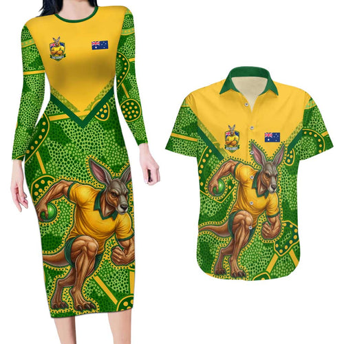 Personalized Australian Jackaroo Lawn Bowls Couples Matching Long Sleeve Bodycon Dress and Hawaiian Shirt Kangaroo Athlete Indigenous Pattern Green Yellow Sports Mascot