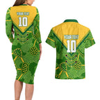 Personalized Australian Jackaroo Lawn Bowls Couples Matching Long Sleeve Bodycon Dress and Hawaiian Shirt Kangaroo Athlete Indigenous Pattern Green Yellow Sports Mascot