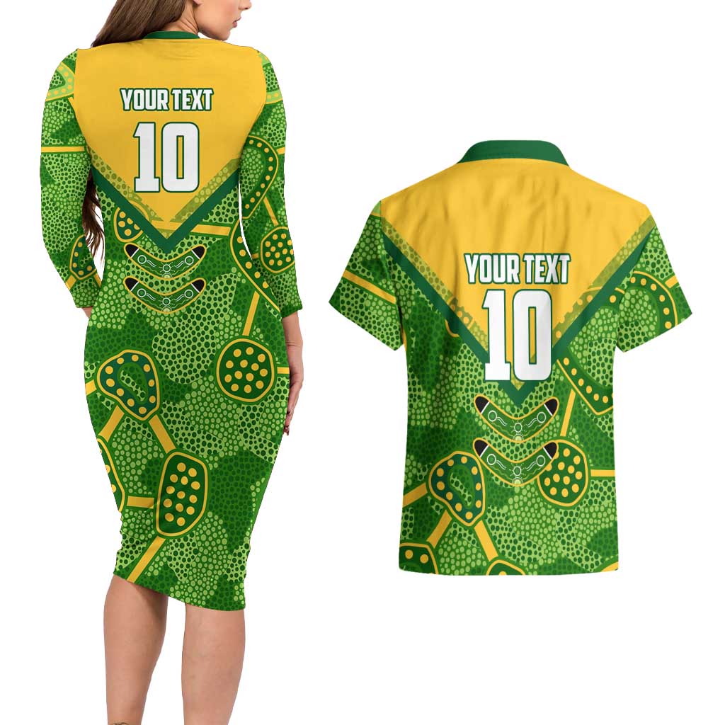 Personalized Australian Jackaroo Lawn Bowls Couples Matching Long Sleeve Bodycon Dress and Hawaiian Shirt Kangaroo Athlete Indigenous Pattern Green Yellow Sports Mascot