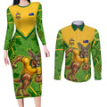 Personalized Australian Jackaroo Lawn Bowls Couples Matching Long Sleeve Bodycon Dress and Long Sleeve Button Shirt Kangaroo Athlete Indigenous Pattern Green Yellow Sports Mascot