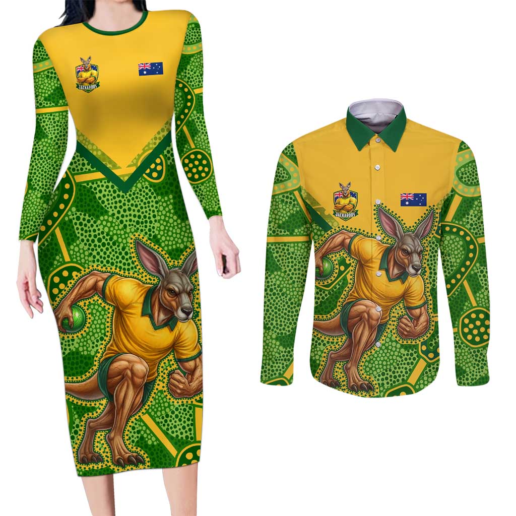 Personalized Australian Jackaroo Lawn Bowls Couples Matching Long Sleeve Bodycon Dress and Long Sleeve Button Shirt Kangaroo Athlete Indigenous Pattern Green Yellow Sports Mascot