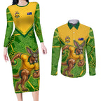 Personalized Australian Jackaroo Lawn Bowls Couples Matching Long Sleeve Bodycon Dress and Long Sleeve Button Shirt Kangaroo Athlete Indigenous Pattern Green Yellow Sports Mascot