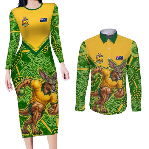 Personalized Australian Jackaroo Lawn Bowls Couples Matching Long Sleeve Bodycon Dress and Long Sleeve Button Shirt Kangaroo Athlete Indigenous Pattern Green Yellow Sports Mascot