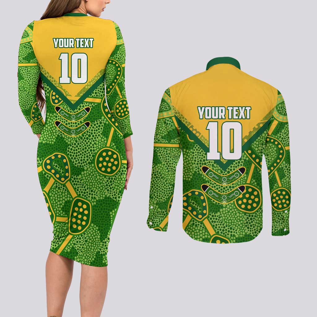 Personalized Australian Jackaroo Lawn Bowls Couples Matching Long Sleeve Bodycon Dress and Long Sleeve Button Shirt Kangaroo Athlete Indigenous Pattern Green Yellow Sports Mascot