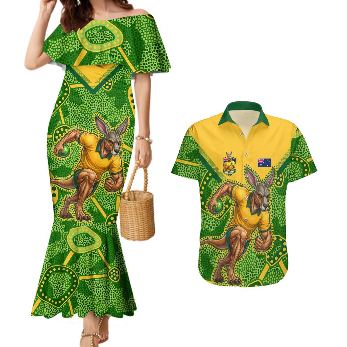 Personalized Australian Jackaroo Lawn Bowls Couples Matching Mermaid Dress and Hawaiian Shirt Kangaroo Athlete Indigenous Pattern Green Yellow Sports Mascot