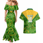 Personalized Australian Jackaroo Lawn Bowls Couples Matching Mermaid Dress and Hawaiian Shirt Kangaroo Athlete Indigenous Pattern Green Yellow Sports Mascot