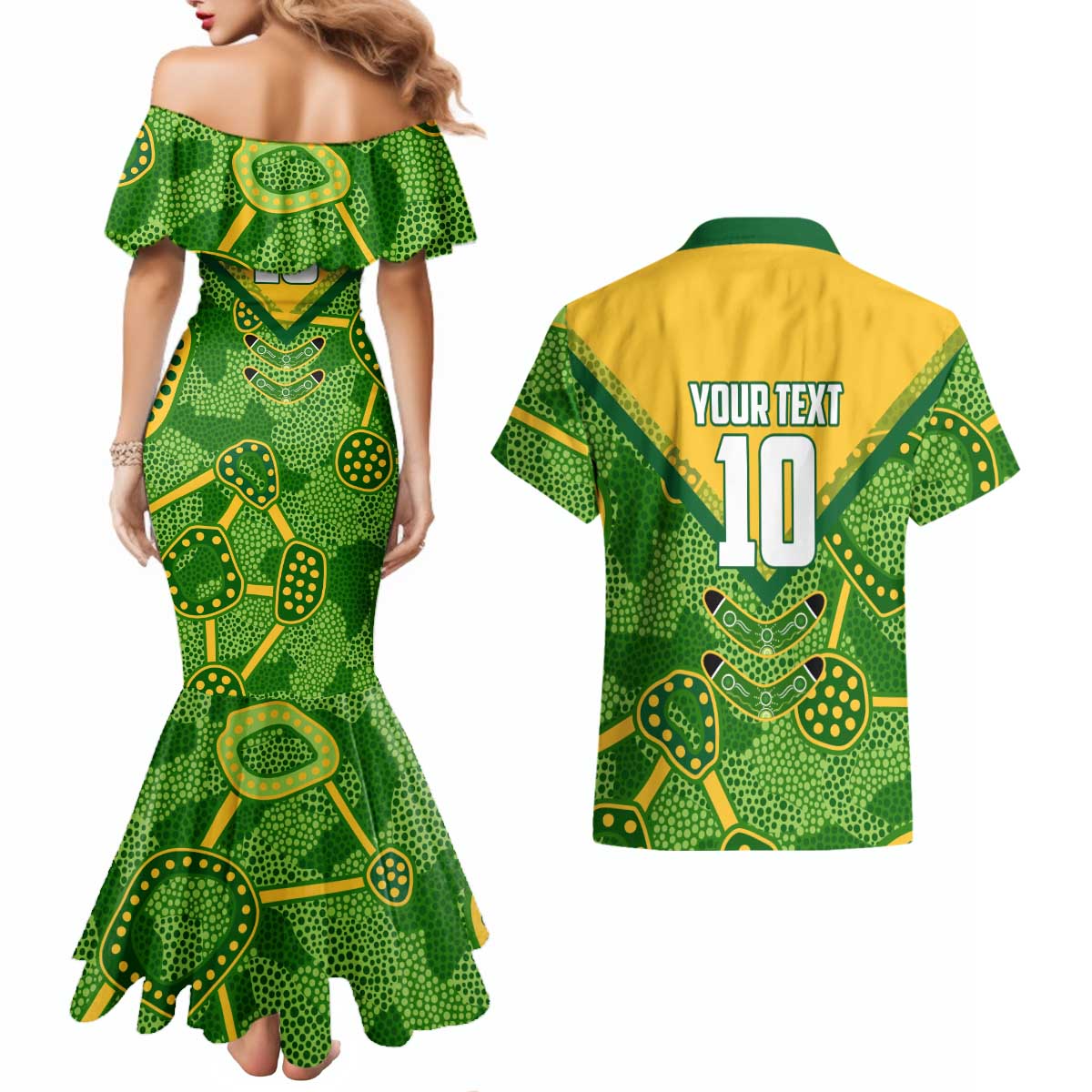 Personalized Australian Jackaroo Lawn Bowls Couples Matching Mermaid Dress and Hawaiian Shirt Kangaroo Athlete Indigenous Pattern Green Yellow Sports Mascot