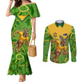 Personalized Australian Jackaroo Lawn Bowls Couples Matching Mermaid Dress and Long Sleeve Button Shirt Kangaroo Athlete Indigenous Pattern Green Yellow Sports Mascot